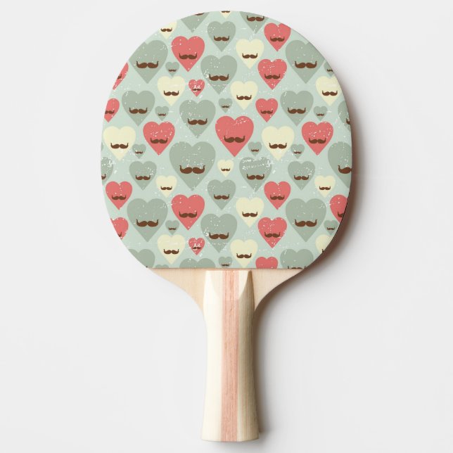 Valentine pattern with heart and moustache ping pong paddle (Front)