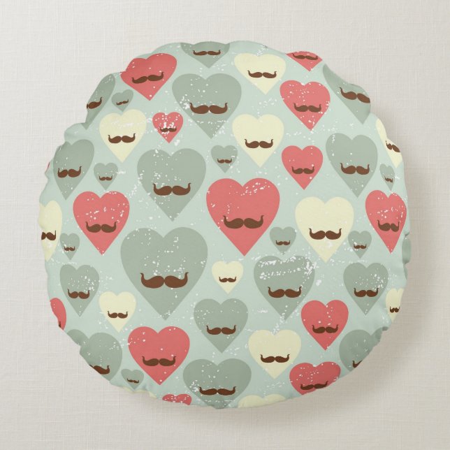Valentine pattern with heart and moustache round pillow (Front)