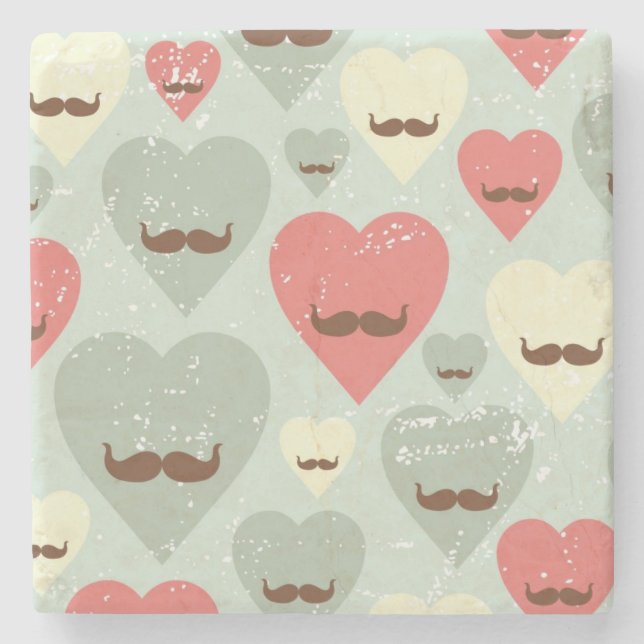 Valentine pattern with heart and moustache stone coaster (Front)