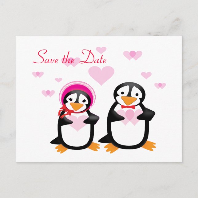 Valentine Penguins Save The Date Postcards (Front)