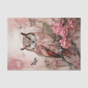 Valentine Pink Flowers Owl On A Branch Tissue Paper