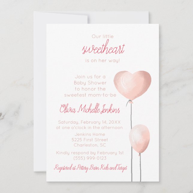 Valentine Pink Heart Balloon Baby Shower Invitation (Front)