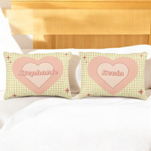 Valentine Pink Heart Cream Chequered Couple Gift Accent Pillow