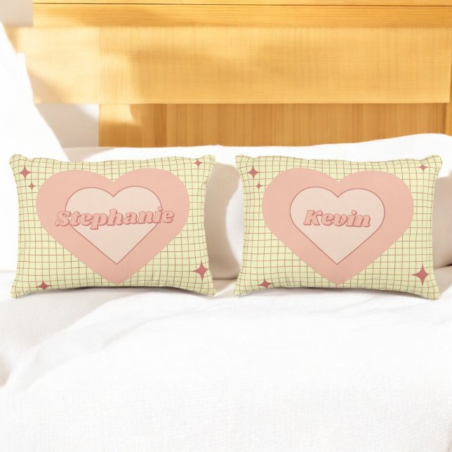 Valentine Pink Heart Cream Chequered Couple Gift Accent Pillow (Creator Uploaded)