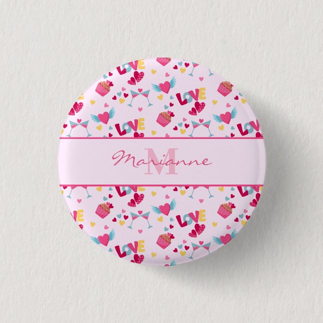 Valentine Pink Love Letters Pattern Elegant Name 1 Inch Round Button (Front)