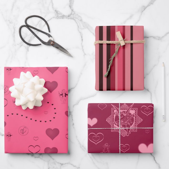 Valentine Pink Red Hearts Cupid Cute Wrapping Paper Sheet (Front)