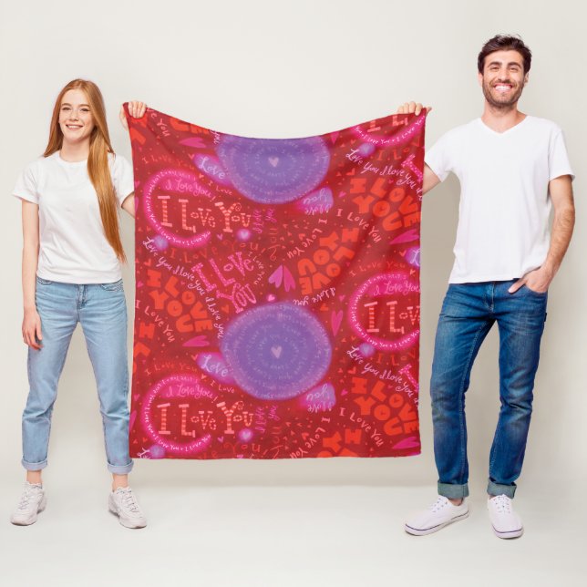 Valentine Pink Red Hearts I Love You Typography Fleece Blanket (In Situ)