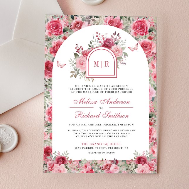Valentine Pink Red Roses Butterfly Arch Wedding Acrylic Invitations (Creator Uploaded)