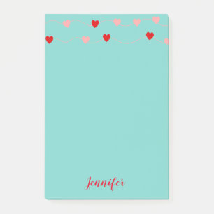 Valentine Pink Red Teal String Hearts Personalized Post-it Notes