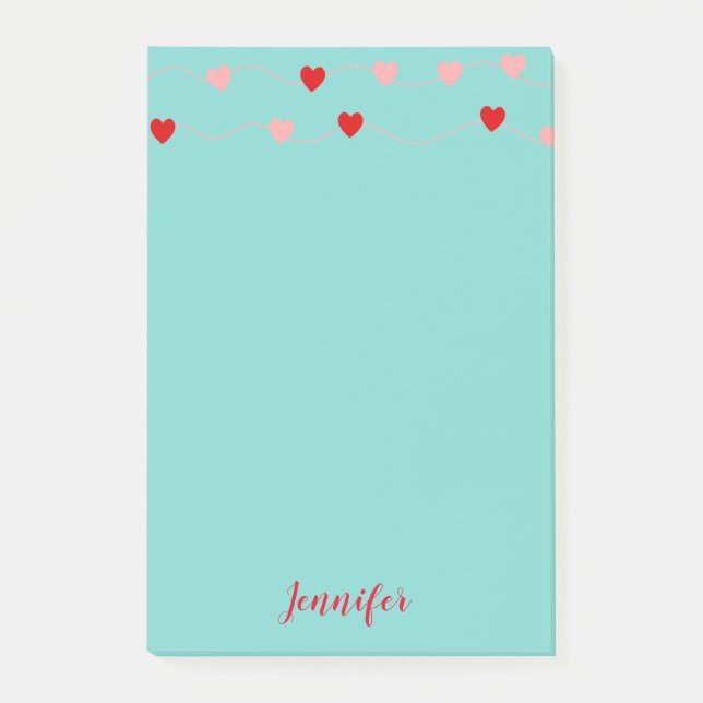 Valentine Pink Red Teal String Hearts Personalized Post-it Notes (Front)