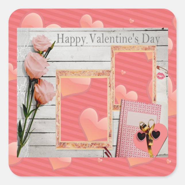Valentine, Pink Roses, Heart Add Your Photos Square Sticker (Front)
