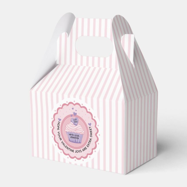Valentine Pink Stripes Cupcake Favor Box (Front Side)