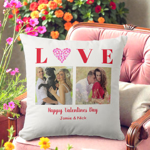 Valentine Pink White Heart Photo Throw Pillow