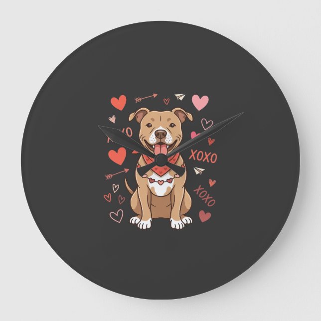 Valentine Pitbull Dog XOXO Love Design Large Clock (Front)