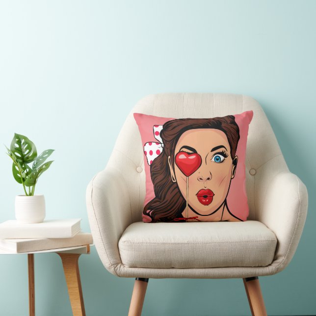 Valentine Pop Art Lollipop Girl Throw Pillow (Chair)