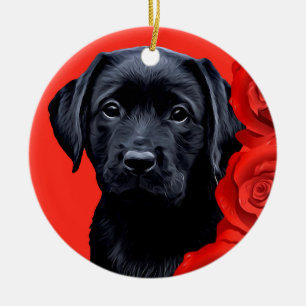 Valentine Puppy Roses - Labrador - Black Lab Ceramic Ornament