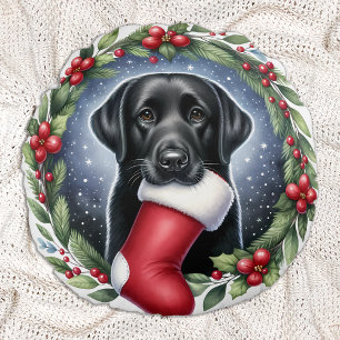 Valentine Puppy Roses - Labrador - Black Lab Round Pillow