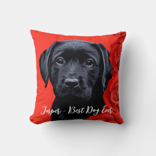 Valentine Puppy Roses - Labrador - Black Lab Throw Pillow
