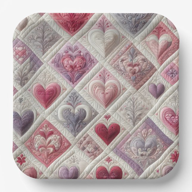 Valentine Quilted Heart Design Paper Plate (Front)