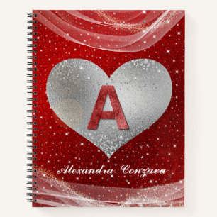 Valentine Red Glitter Initial A Letter Monogram Notebook
