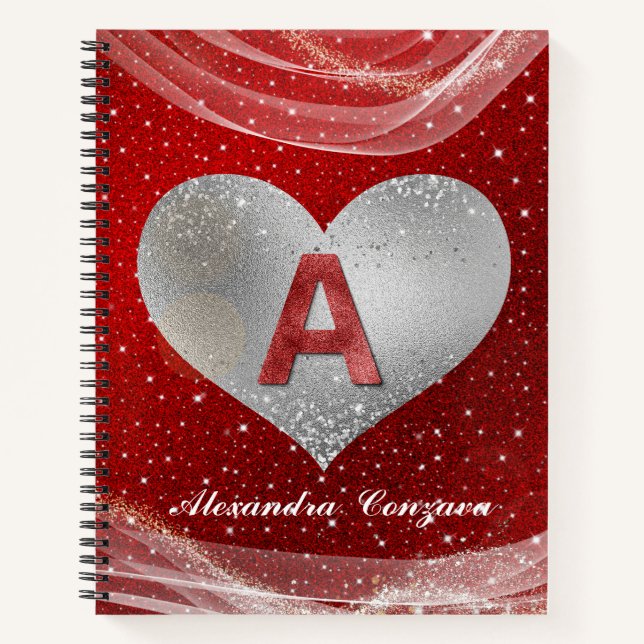 Valentine Red Glitter Initial A Letter Monogram Notebook (Front)