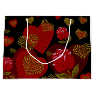 Valentine Red Gold heart red roses on black  Large Gift Bag