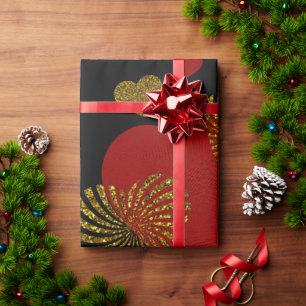 Valentine Red Gold heart red roses on black  Wrapping Paper