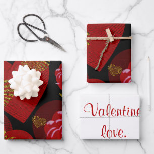 Valentine Red Gold heart red roses on black  Wrapping Paper Sheet