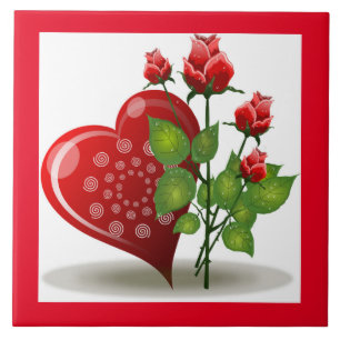 VALENTINE RED  HEART AND RED ROSES CERAMIC TILE