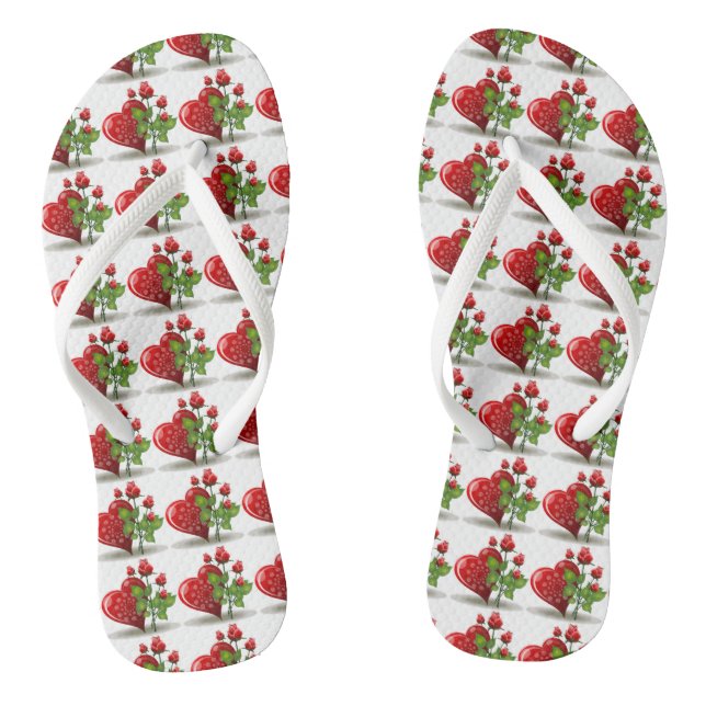 VALENTINE RED  HEART AND RED ROSES FLIP FLOPS (Footbed)