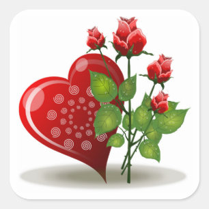 VALENTINE RED HEART AND RED ROSES SQUARE STICKER