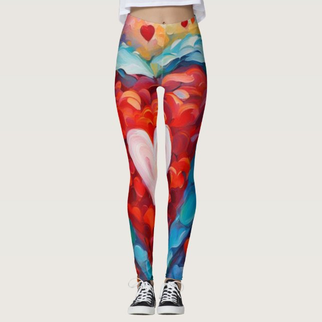 Valentine Red Heart, Watercolor Leggings (Front)