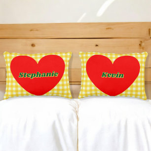 Valentine Red Heart Yellow Gingham Couple Gift Accent Pillow