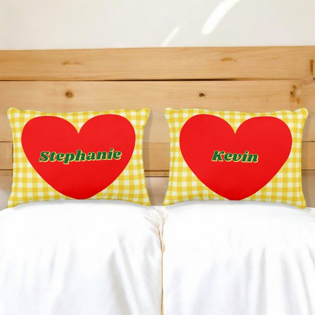 Valentine Red Heart Yellow Gingham Couple Gift Accent Pillow (Creator Uploaded)