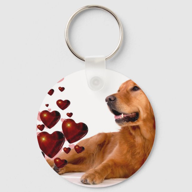 Valentine Red Hearts Golden Retriever Dog Keychain (Front)