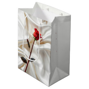 Valentine Red Rose On White Satin Medium Gift Bag