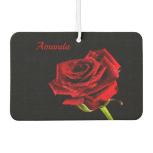 Valentine red rose with water droplets and name air freshener