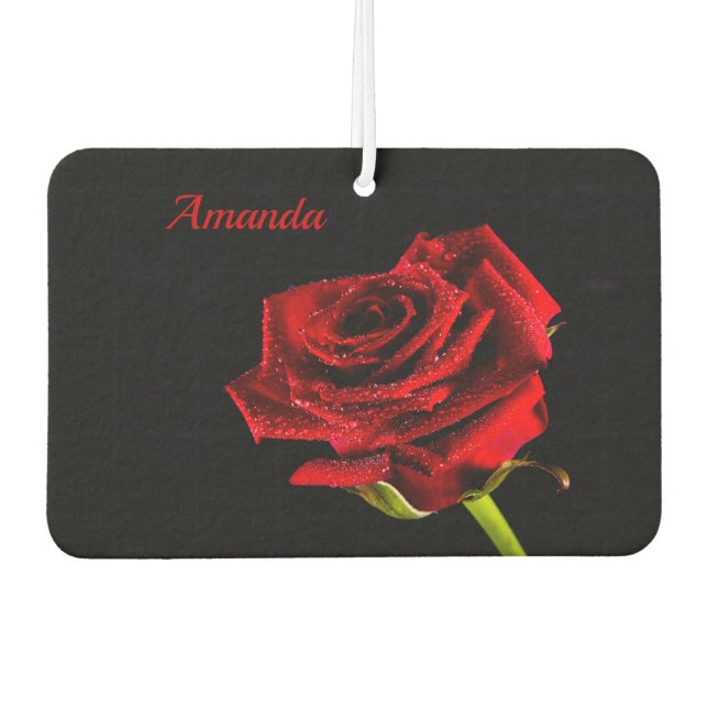 Valentine red rose with water droplets and name air freshener (Front)