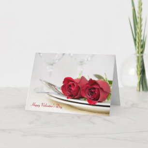 Valentine red roses on plate card