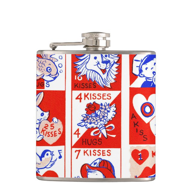 Valentine Retro Love Hugs Cute Pattern Hip Flask (Front)