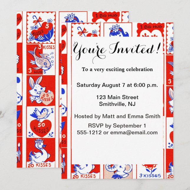 Valentine Retro Love Hugs Cute Pattern Invitation (Front/Back)