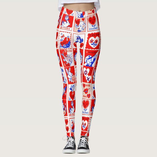 Valentine Retro Love Hugs Cute Pattern Leggings (Front)