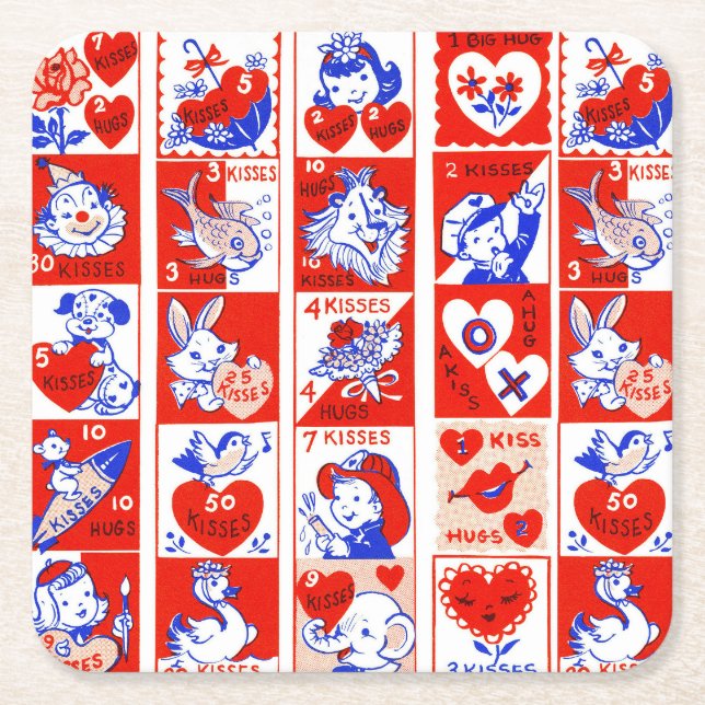 Valentine Retro Love Hugs Cute Pattern Square Paper Coaster (Front)