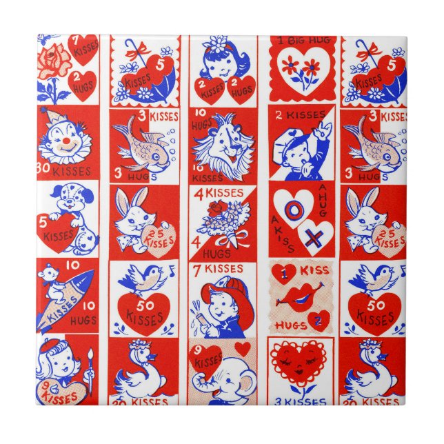 Valentine Retro Love Hugs Cute Pattern Tile (Front)