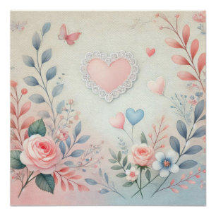 Valentine romantic heart floral pastel watercolor  poster