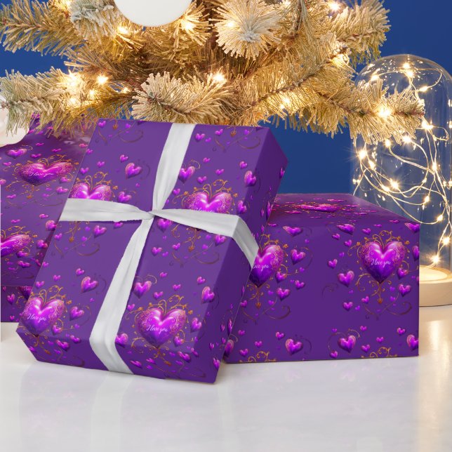 Valentine Romantic Hearts Pattern Purple Wrapping Paper (Holidays)