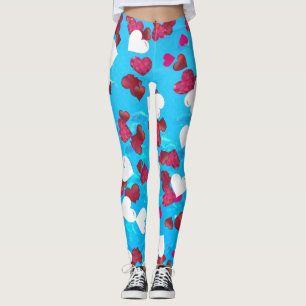 Valentine Romantic Sweeping Hearts Aqua Blue Ocean Leggings