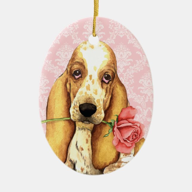 Valentine Rose Basset Ceramic Ornament (Front)
