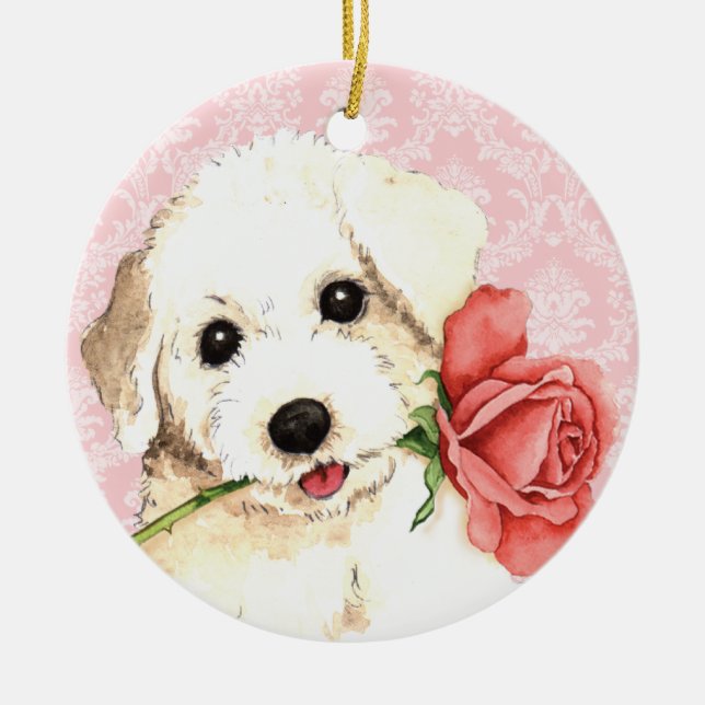 Valentine Rose Bichon Ceramic Ornament (Front)
