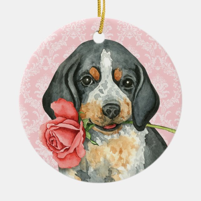Valentine Rose Bluetick Ceramic Ornament (Front)